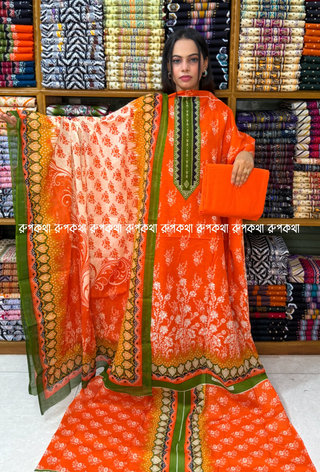 আনস্টিচ প্রিমিয়াম কটন গঙ্গা থ্রি-পিস জামা + ওড়না + প্যান্ট