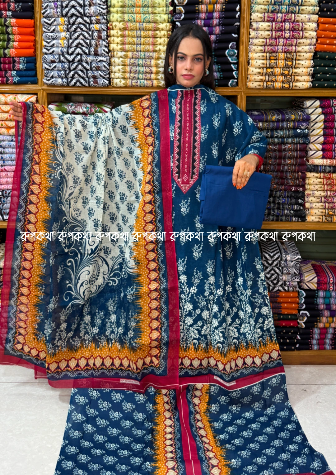 আনস্টিচ প্রিমিয়াম কটন গঙ্গা থ্রি-পিস জামা + ওড়না + প্যান্ট