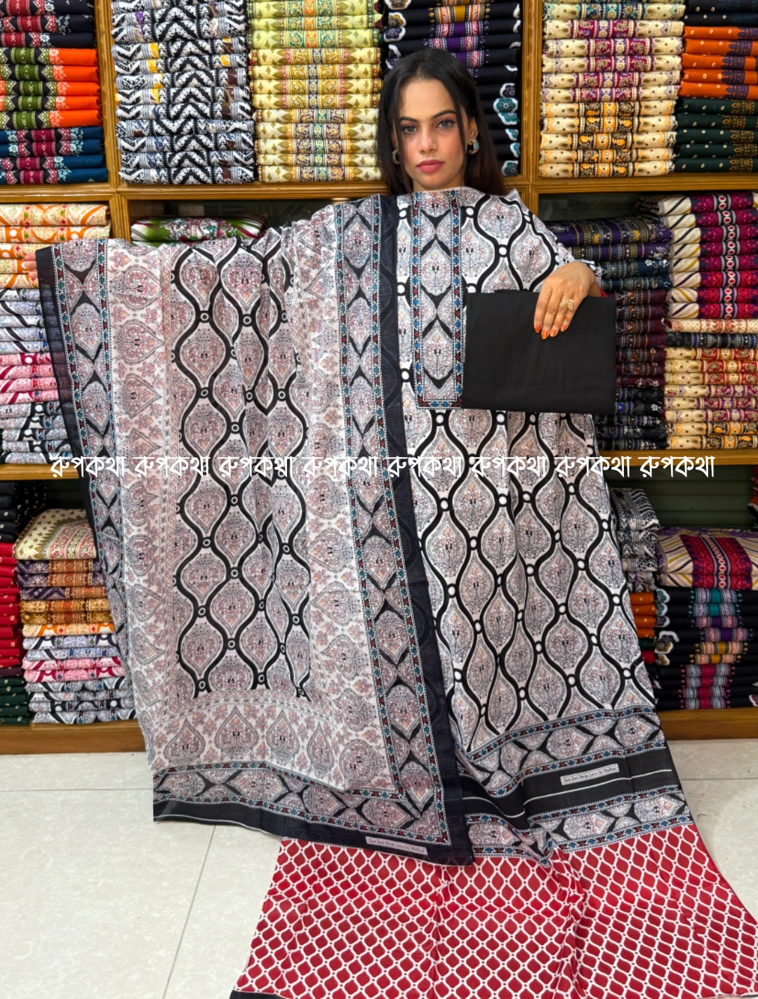 আনস্টিচ প্রিমিয়াম কটন গঙ্গা থ্রি-পিস জামা + ওড়না + প্যান্ট