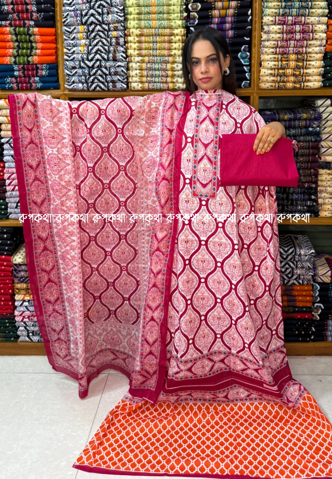 আনস্টিচ প্রিমিয়াম কটন গঙ্গা থ্রি-পিস জামা + ওড়না + প্যান্ট