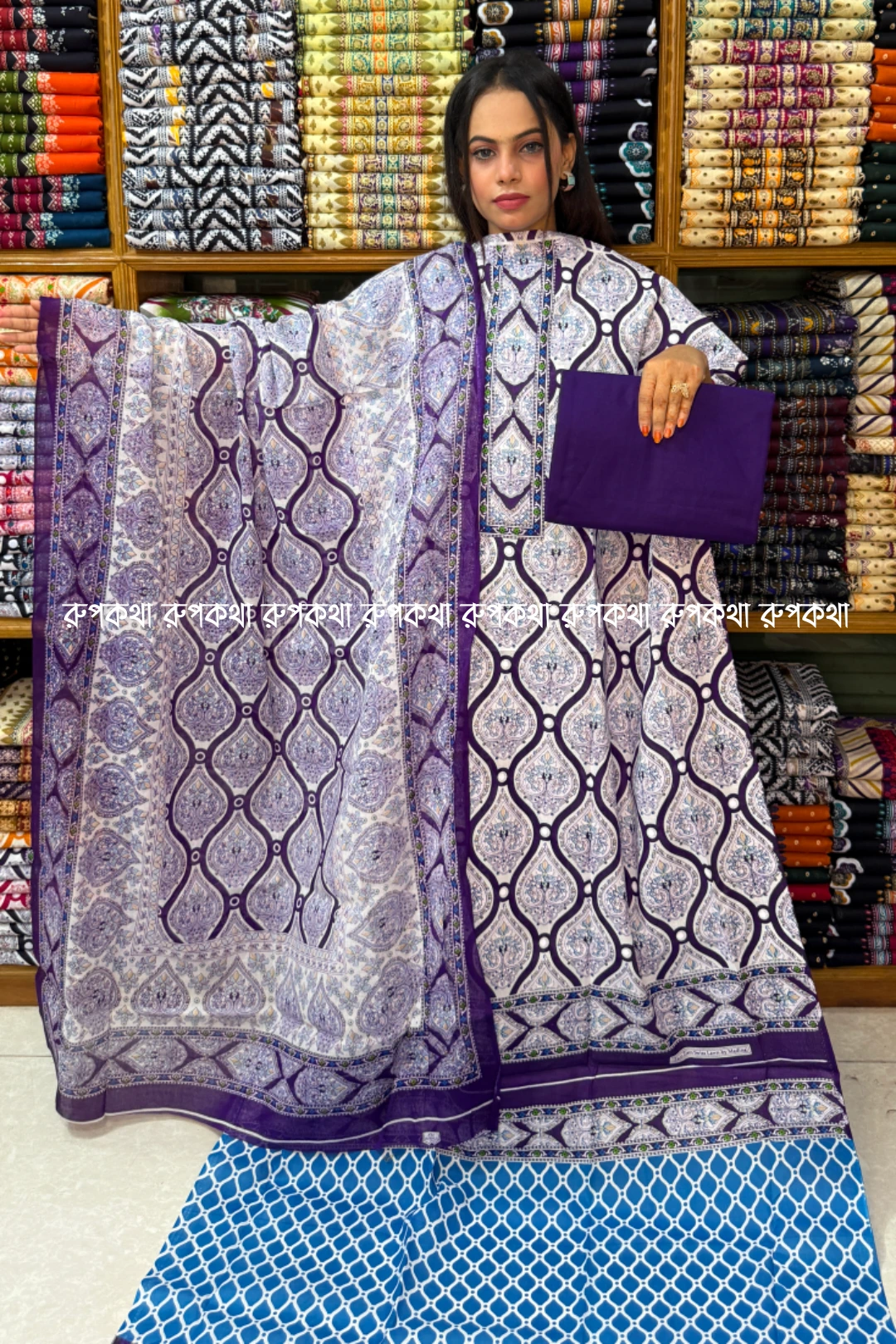 আনস্টিচ প্রিমিয়াম কটন গঙ্গা থ্রি-পিস জামা + ওড়না + প্যান্ট