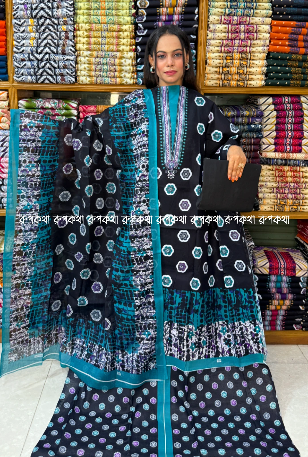 আনস্টিচ প্রিমিয়াম কটন গঙ্গা থ্রি-পিস জামা + ওড়না + প্যান্ট