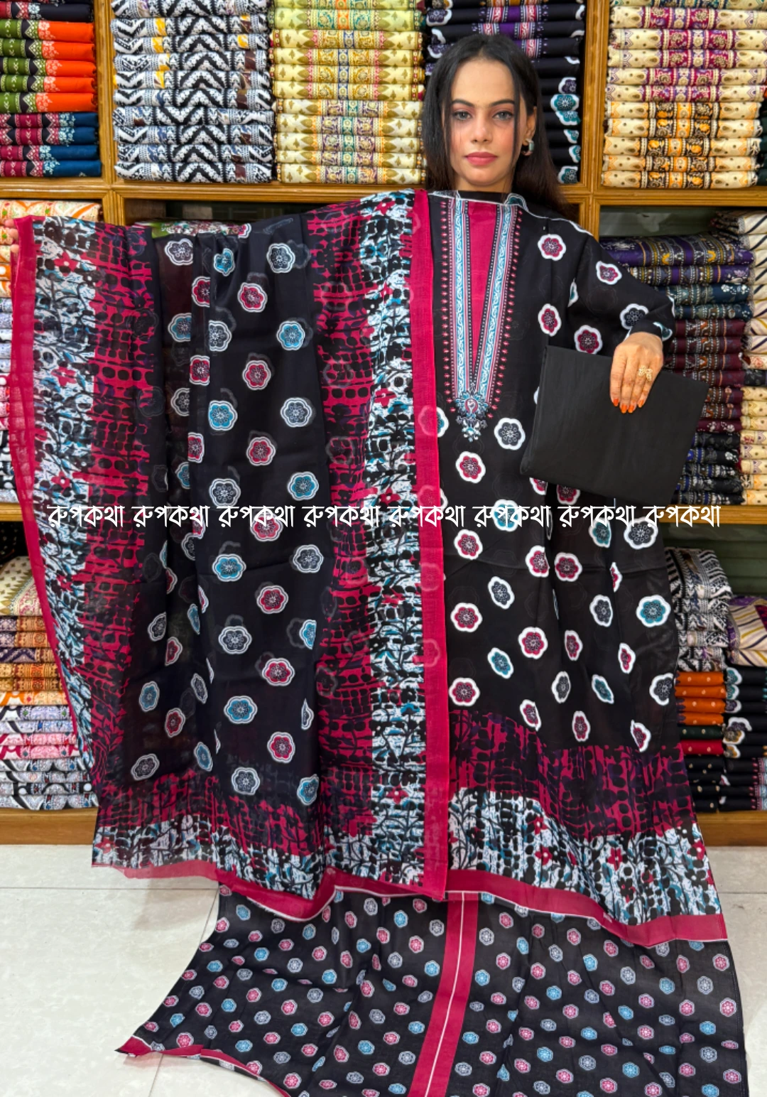 আনস্টিচ প্রিমিয়াম কটন গঙ্গা থ্রি-পিস জামা + ওড়না + প্যান্ট